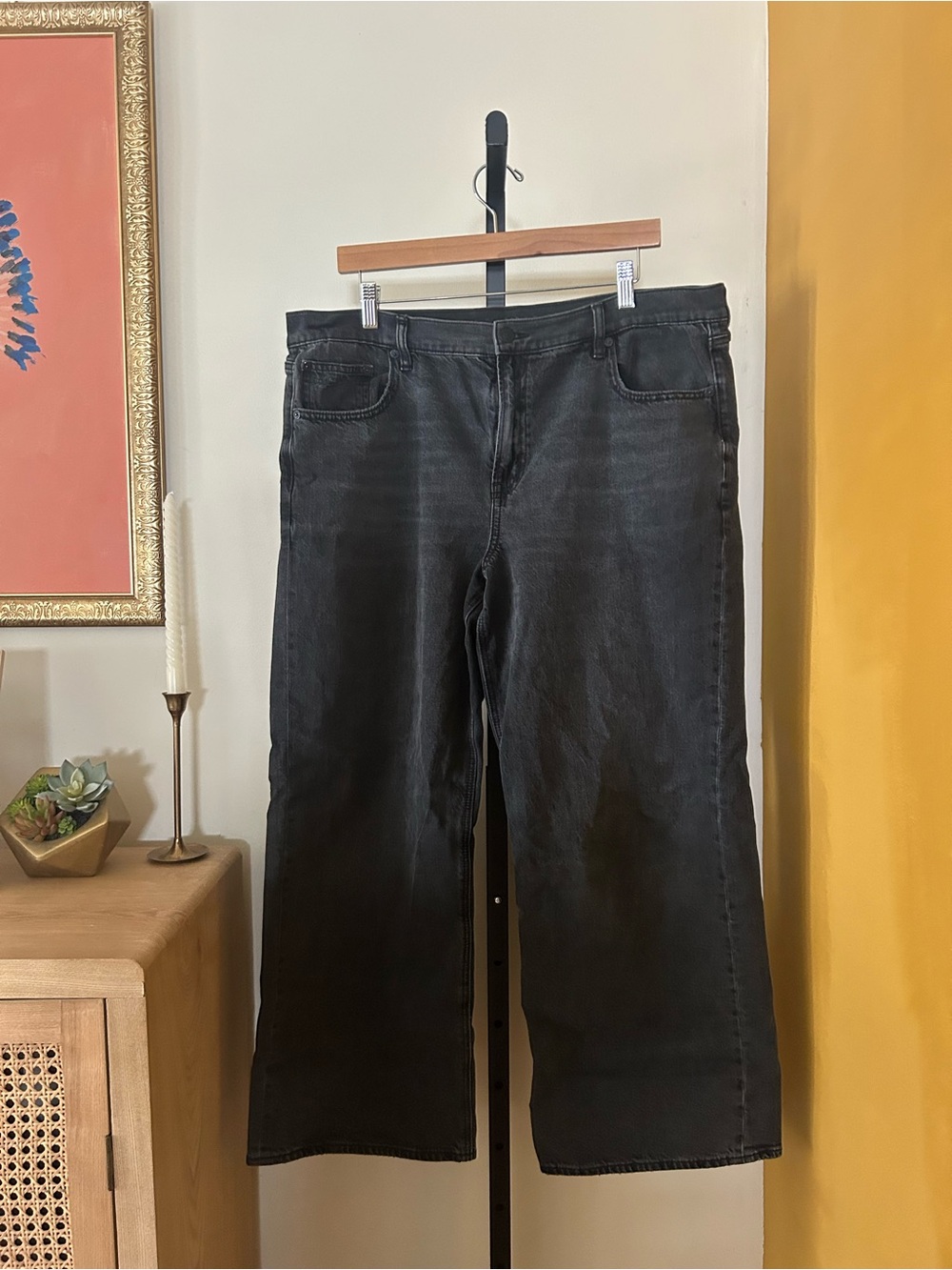 American Eagle Stovepipe Jeans Baggy Wide Leg Strigid Gray Black Denim 14 Short